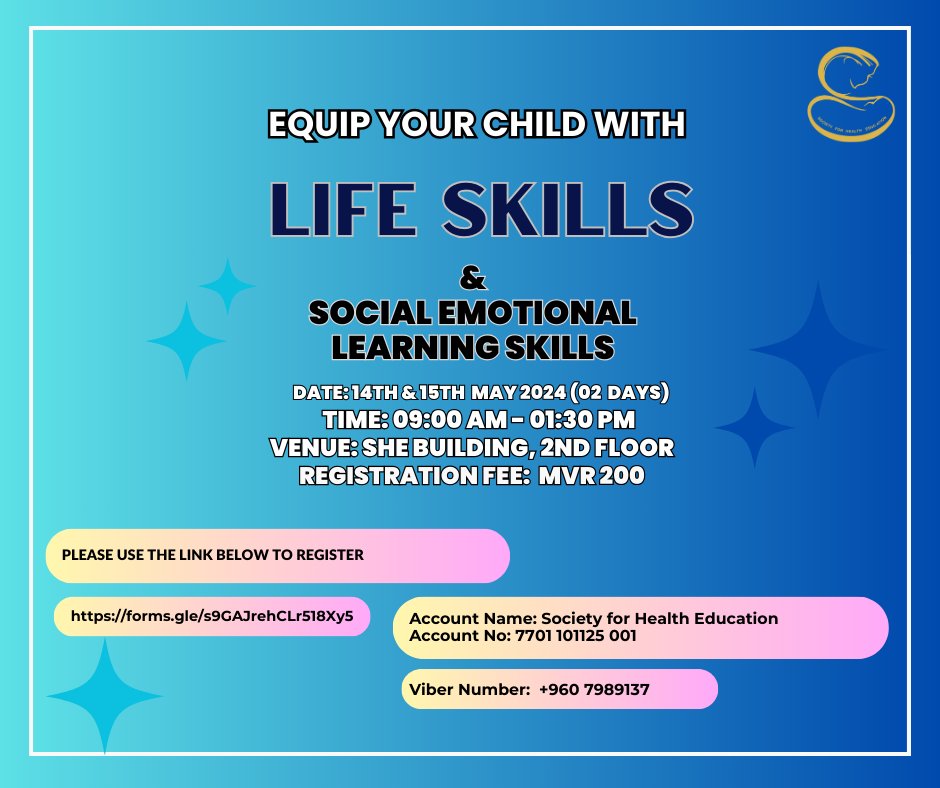 Give your adolescents the gift of life skills and emotional intelligence this holiday. Age group: 10-12 years Registration link: forms.gle/s9GAJrehCLr518… Send us the receipt via Viber,  Account Details: Society for Health Education (7701 101125 001) Viber Number: +960 7989137