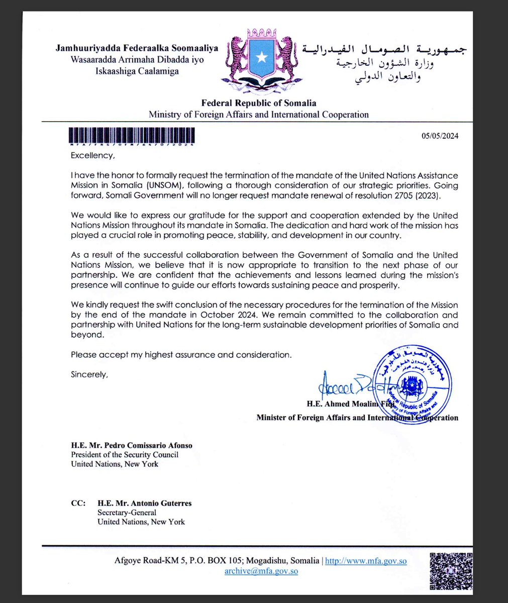 #CONFIRMED In a bombshell, Somalia asks UNSC to terminate UN Somalia Mission. Move comes hot on heels of recent news UN Rep @CatrionaLaing1 leaving her post prematurely. Pro-regime activists greeted news of Ms Laing's early exit with glee, heaping personal insults on her.