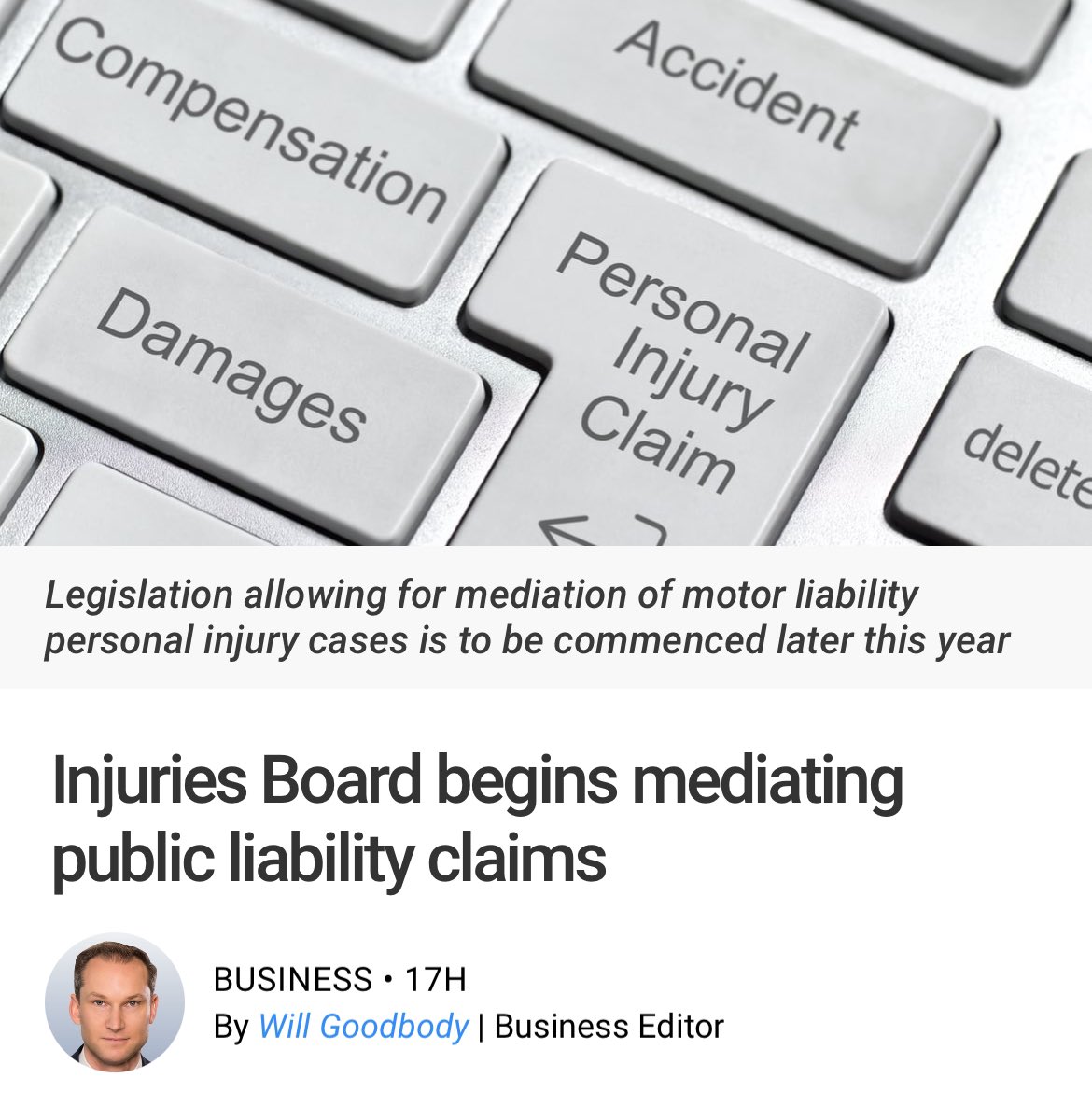 “Public liability personal injury claims can now be mediated for resolution by the Injuries Resolution Board in a development which its hoped will help further bring down insurance costs.” #InsuranceReform rte.ie/news/business/…