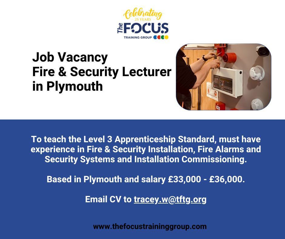 JOB VACANCY - Fire & Security Lecturer Based in vibrant Plymouth join The Focus Training Group, boasting a remarkable above-average success rate in Fire & Security training Send your CV to tracey.w@tftg.org and embark on this rewarding journey. #FireAndSecurity #Lecturer