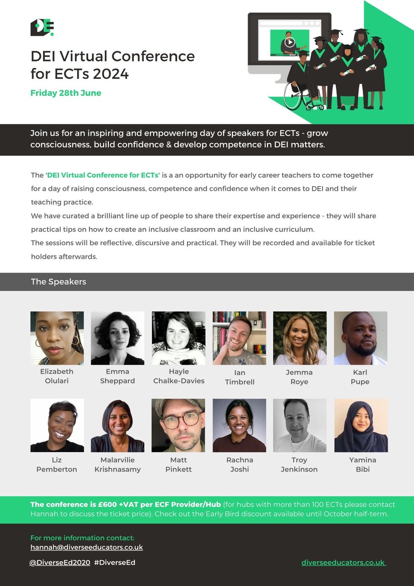 Calling anyone in my network involved with Early Career Teachers! Are you an ECT? An ECT mentor? An ECF provider? Have you seen this year's Diverse Educators DEI for ECTs virtual conference? June 28th. We have a brilliant line up including! #DiverseEd