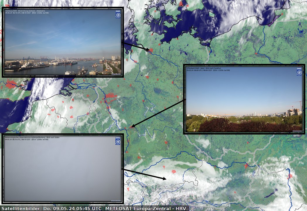 Der bebilderte Wetterquerschnitt durch Deutschland: Viel Sonne, ein paar Nebelschwaden, der Alpenrand (noch) unter bzw. in den Wolken. Und bei Ihnen? /V