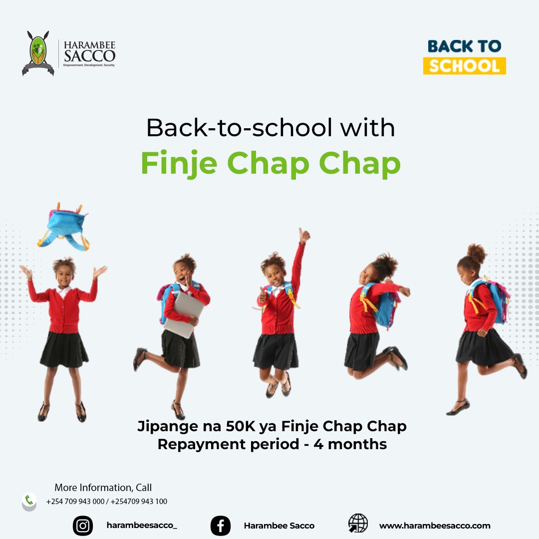 BACK TO SCHOOL MANENOS!!!!!!!
Apply for school fees loan 
Or Finje Chap Chap... 
Both can be applied online on Harambee M-Cash. 

#ThisIsTheTurningPoint #BackToSchool #SchoolFees