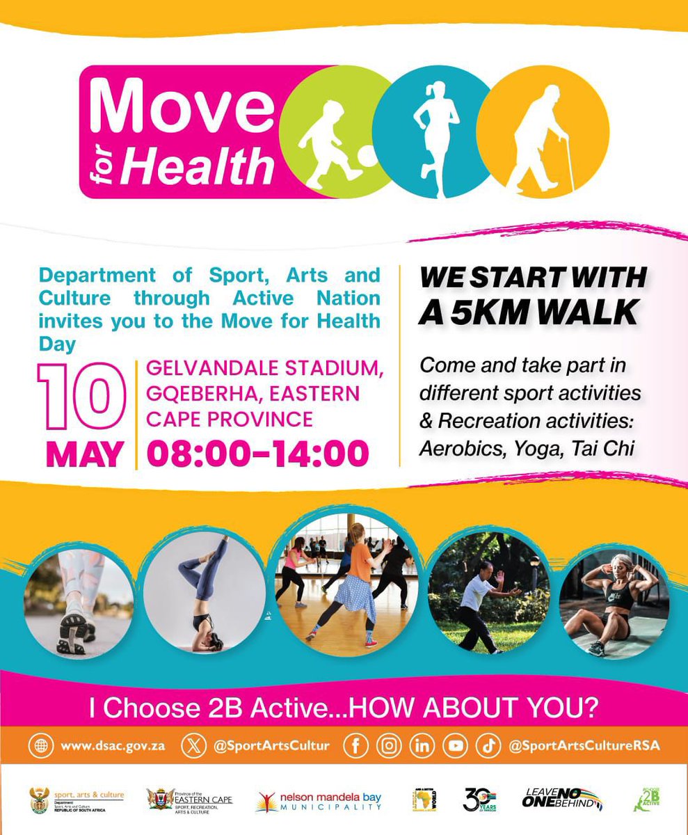 The national and provincial departments of Sport, Recreation, Arts and Culture will be hosting the Move for Health Day at the Gelvandale Stadium tomorrow, 10 May 2024.  

#MoveForHealth
#GqeberhaCityOfAction
#ShareTheBay