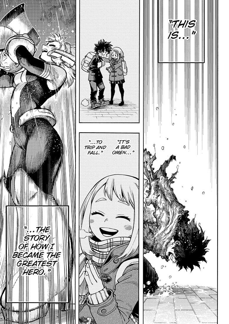 This page highlighted Deku's 'This is how I became the greatest hero' and in this chapter Allmight said Deku became his greatest hero. I can see why Hori referenced that Uraraka panel in this chapter👏👏👏