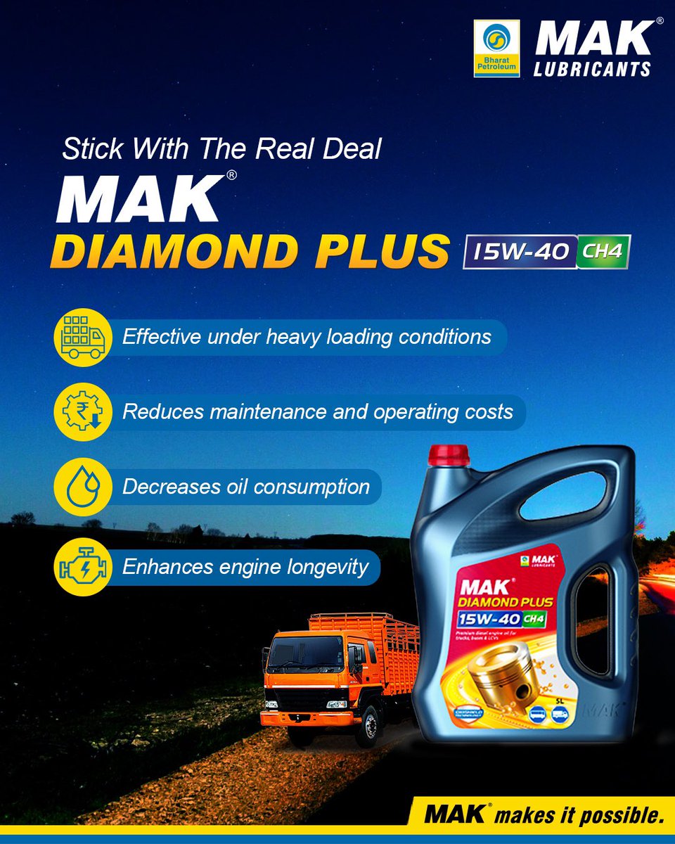 BPCLMakLubes's tweet image. Unlock Peak Performance and Durability with #MAKDiamondPlus! Engineered to excel under heavy loads, our formula reduces maintenance costs and oil consumption while prolonging engine life. #EngineExcellence #engineoil #maklubricants #makmakesitpossible #indiantruckers #punjabtruck