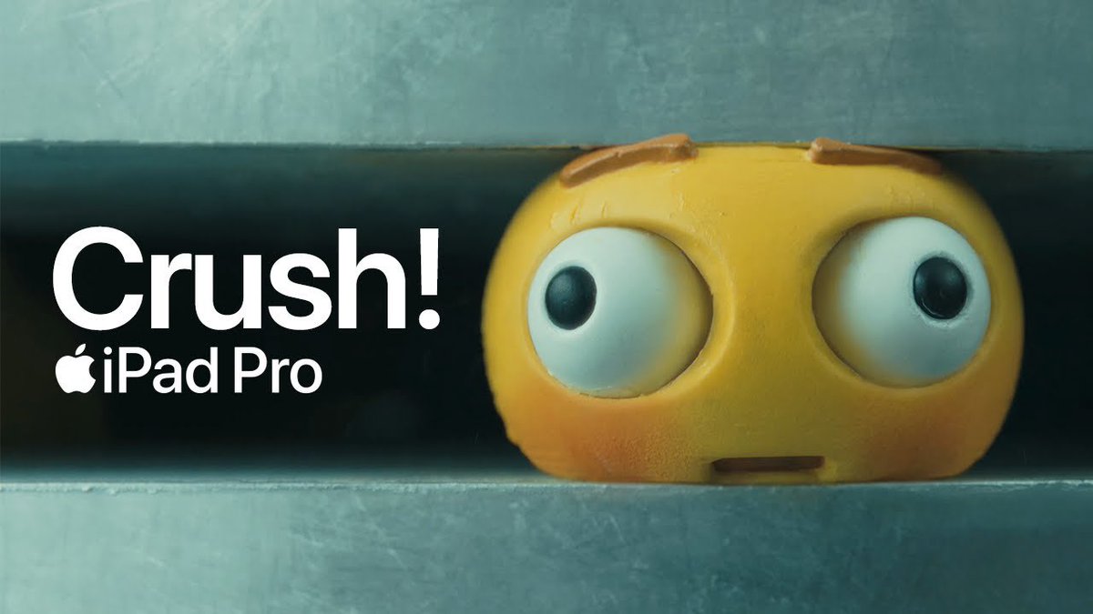 appltrack's tweet photo. Apple is currently facing backlash for their new “Crush!” ad in which they destroy creative tools with a hydraulic press 😳

Some are seeing the ad as insulting to artists and other creatives as Apple suggests the new iPad Pro could replace all of their tools. https://t.co/1aIDygMGie