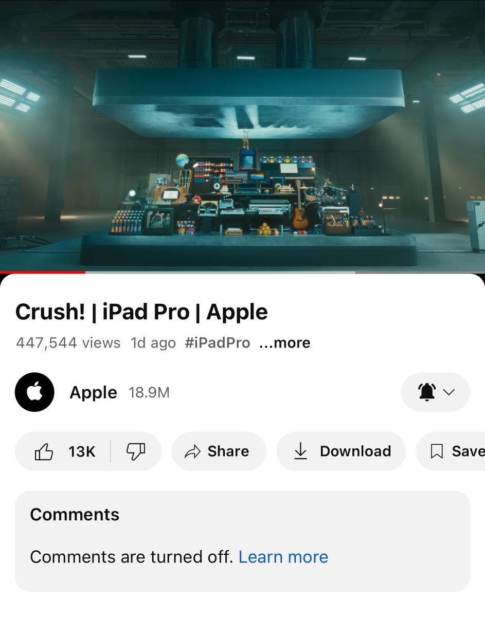 appltrack's tweet photo. Apple is currently facing backlash for their new “Crush!” ad in which they destroy creative tools with a hydraulic press 😳

Some are seeing the ad as insulting to artists and other creatives as Apple suggests the new iPad Pro could replace all of their tools. https://t.co/1aIDygMGie