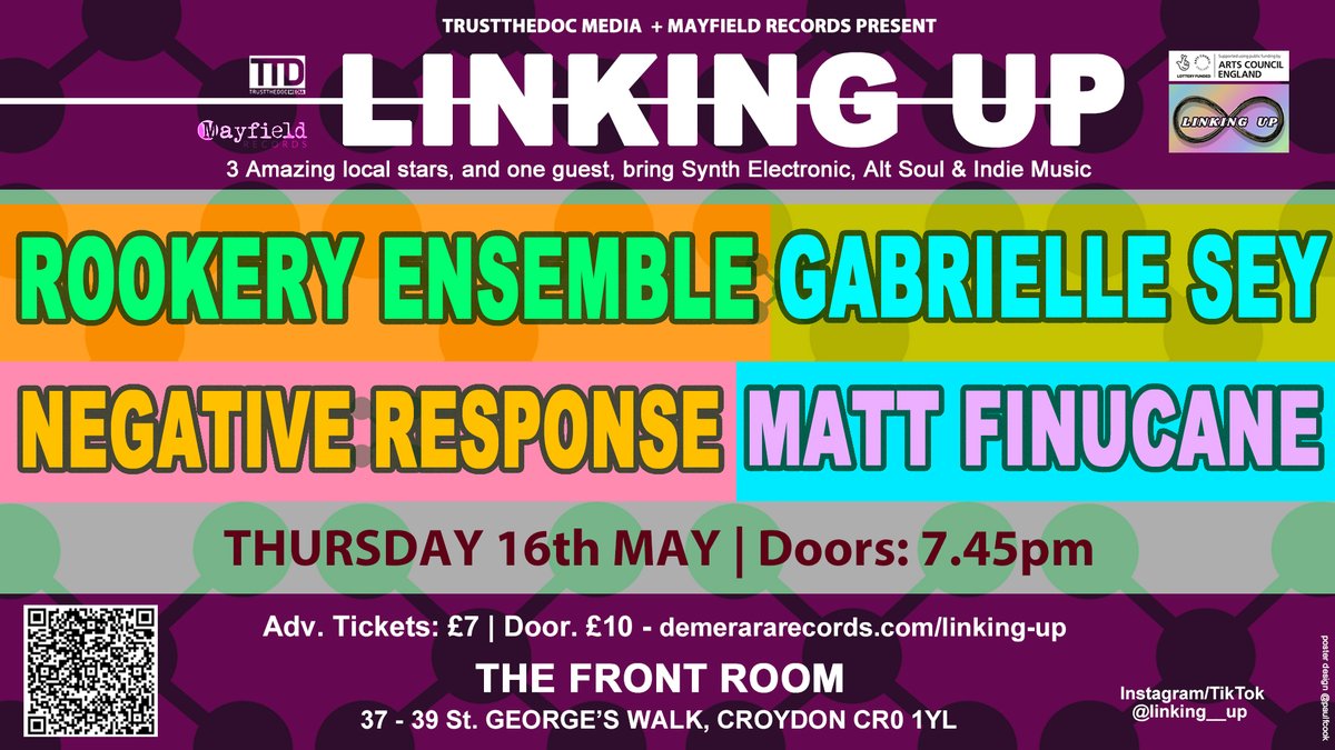 Thur 16 May @TrustTheDocUK presents #LinkingUp line-up at beautiful @frontroomspace Croydon ft 3 local heroes & a visiting 1: @worldofsurprise @GabrielleSey @NegReg001 #MattFinucane £7 a ticket if you buy now. Art/Design @paulfcook #Synthwave #IndieSoul #AltRock #Electronic