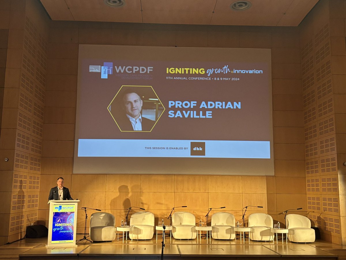 SA’s economy, the #propertydevelopment & #construction landscape and the confidence drivers that lead to fixed capital investment: Prof @AdrianSaville (@GIBS_SA) takes the stage to open Day 2 of the @WCPDFconference at the CTICC. This keynote is enabled by @dhkarchitects.…