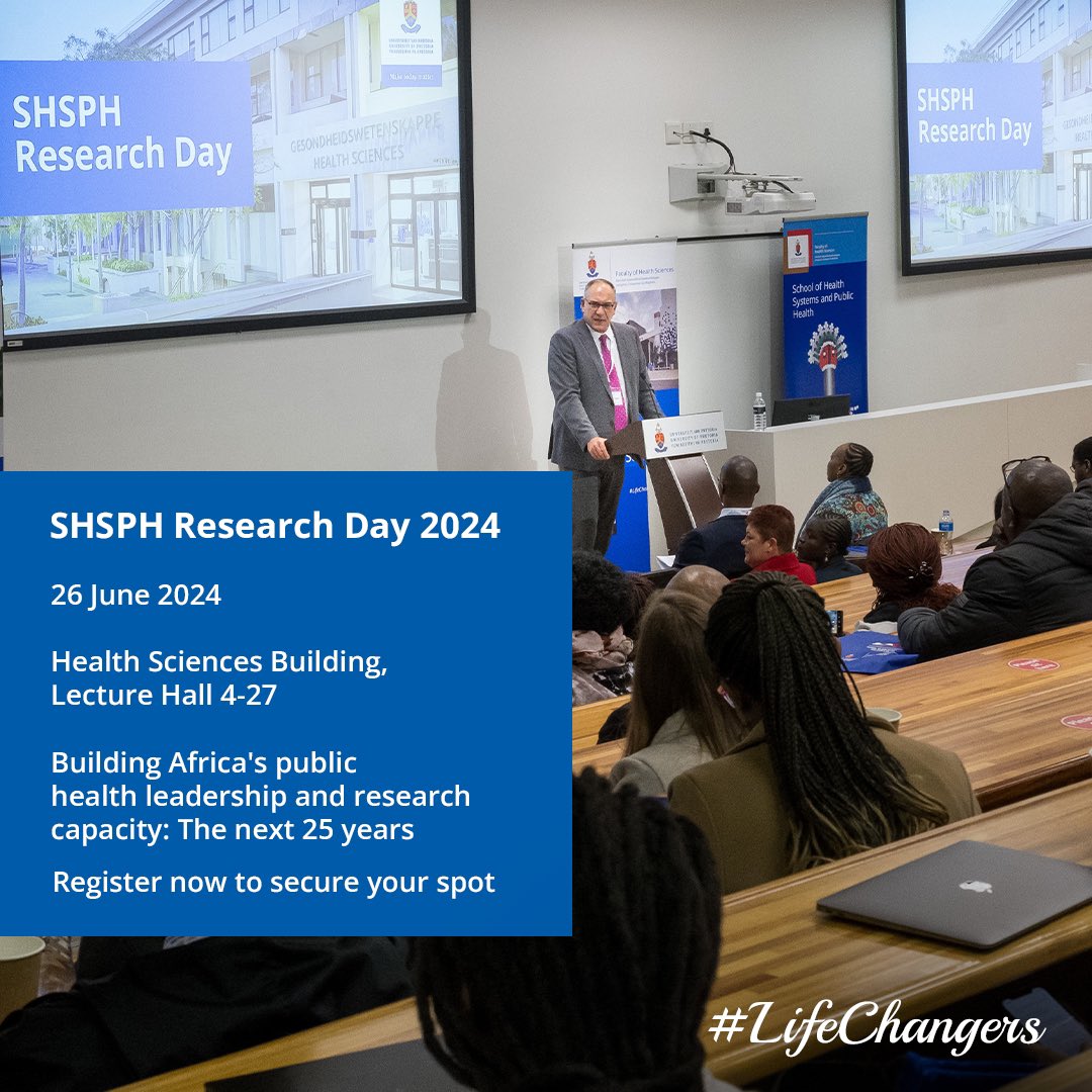 You are invited to the SHSPH Research Day! Join us for an enlightening exploration of public health research at the School of Health Systems and Public Health (SHSPH) Research Day!

Register now:
up.ac.za/shsph-research…

#SHSPHResearchDay #PublicHealth #HealthSystems #HSUP