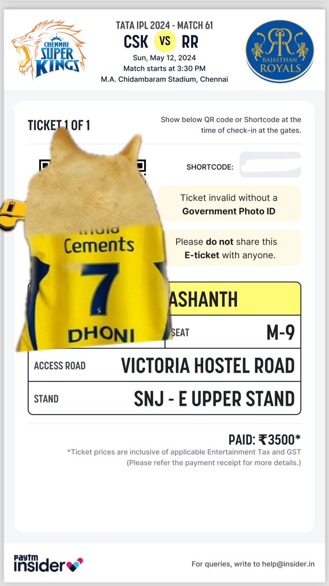 HarryTaika's tweet photo. E Upper 1 TICKET available for #CSKvsSRH at Chepauk 12th May
 100% Genuine ✅🎟️ (all proofs available) 
If interested dm
#CSK #csktickets #dhoni #thala #ChennaiSuperKings 
#cskticket #Chepauktickets #CSKvsRR #WhistlePodu #ChennaiSuperKings #CSKvRR #Rajasthan https://t.co/pemZTkfDlL