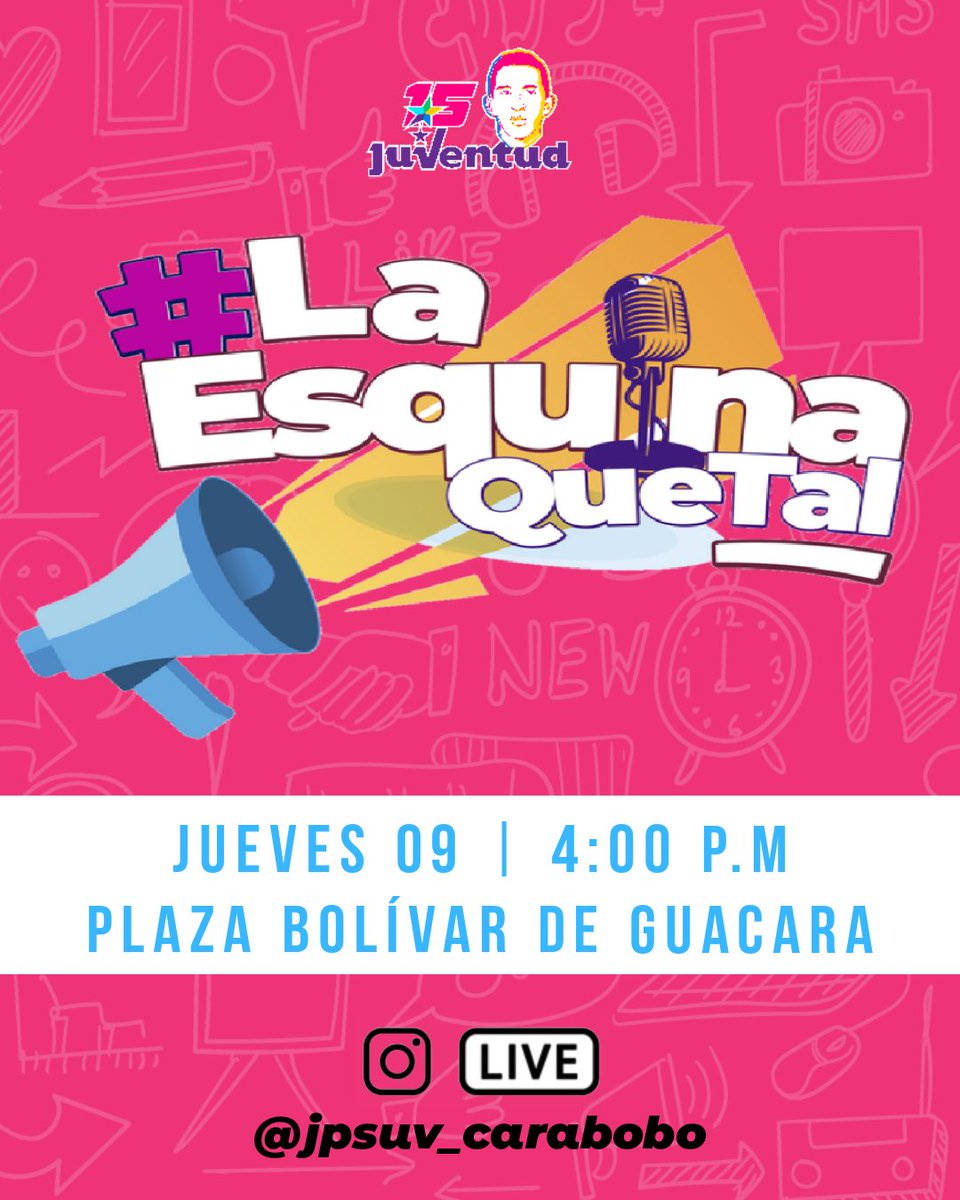 Nos vemos este #Jueves09 en La Esquina Que Tal 🎙
¡No te lo pierdas!
Transmisión En Vivo por Instagram <a href="/jpsuv_carabobo/">Juventud Psuv Carabobo</a> 🎥

<a href="/JuventudPSUV/">Juventud PSUV</a> <a href="/Grecia_Jpsuv/">Grecia Colmenares</a>