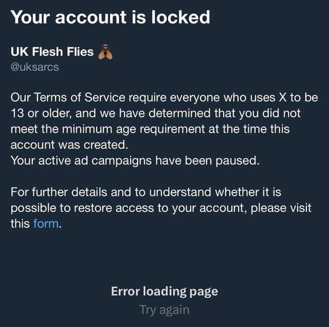 My <a href="/uksarcs/">UK Flesh Flies 🪰</a> account was locked because I entered ‘2016’ as year of birth when prompted by X  to add a birthdate. This was the year the page and Sarcophagidae Recording Scheme were created.

Please help me get the page back by reposting and bringing this to the attention of <a href="/X/">X</a> 🙏🏻