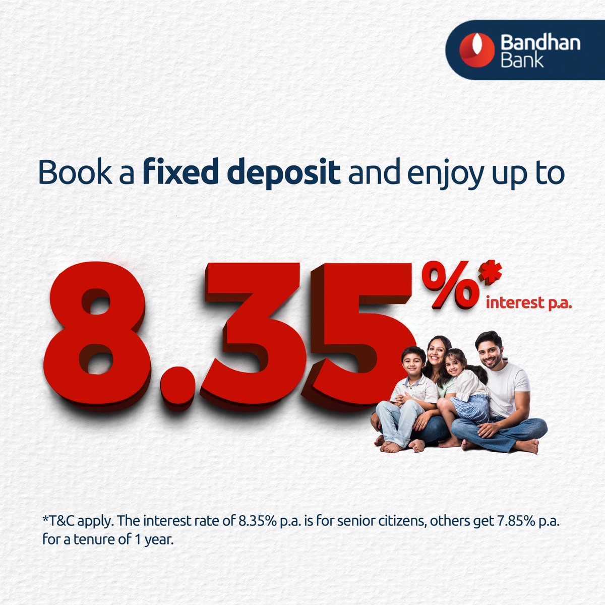 Grow your savings with a #FixedDeposit. Book an FD using Internet banking: bit.ly/3MzVWoi, mBandhan app: bit.ly/48setLP, or by visiting your nearest branch: bit.ly/40ltnAx

#BandhanBank T&C apply.