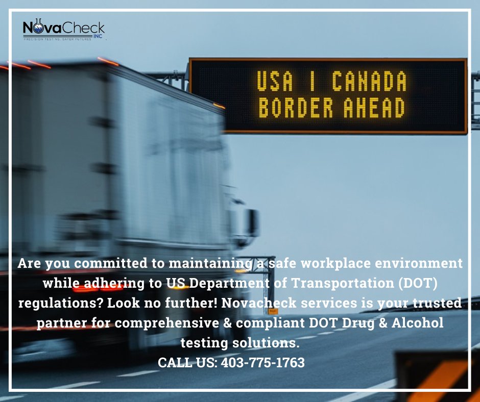 Look no further! Novacheck services is your trusted partner for comprehensive and compliant DOT Drug and Alcohol testing solutions.
☎️: +403-775-1763
🌐: novacheck.ca
 #NovaCheck #Safety #EmployeeWellness #workplacewellness #occupationalhealth #FitToWork #drugchecking