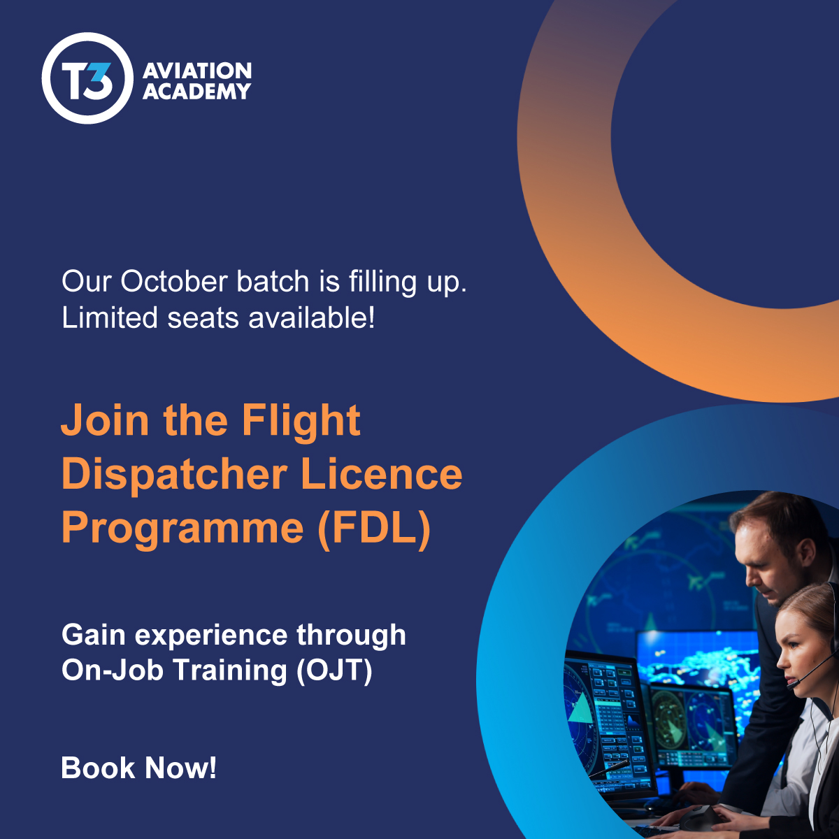 Seats are limited! Be the first to register and get 25% discount on the programme fees*​
*T&Cs Apply.​
​
Contact us at +971 50 628 2174 or FDT_Care@T3a.Academy for more information. ​
​
#T3aviationacademy #FlightDispatcher #GCAA