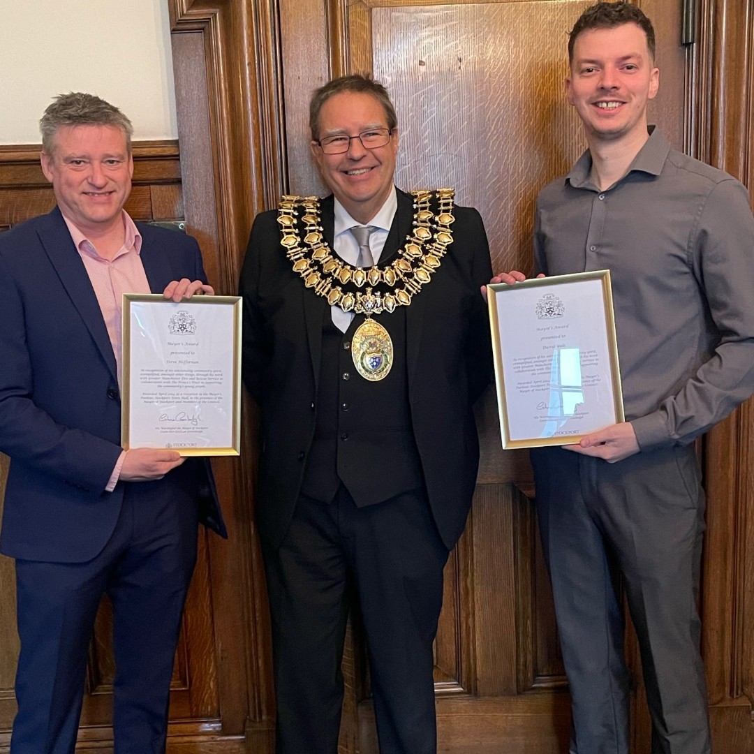 Steve & David from our Prince's Trust Team we're recognised by the Mayor of Stockport for all their work on our programme and the support it gives young people. Well done both, great recognition for the #TeamGMFRS effort behind our Prince's Trust programme and the impact it has.