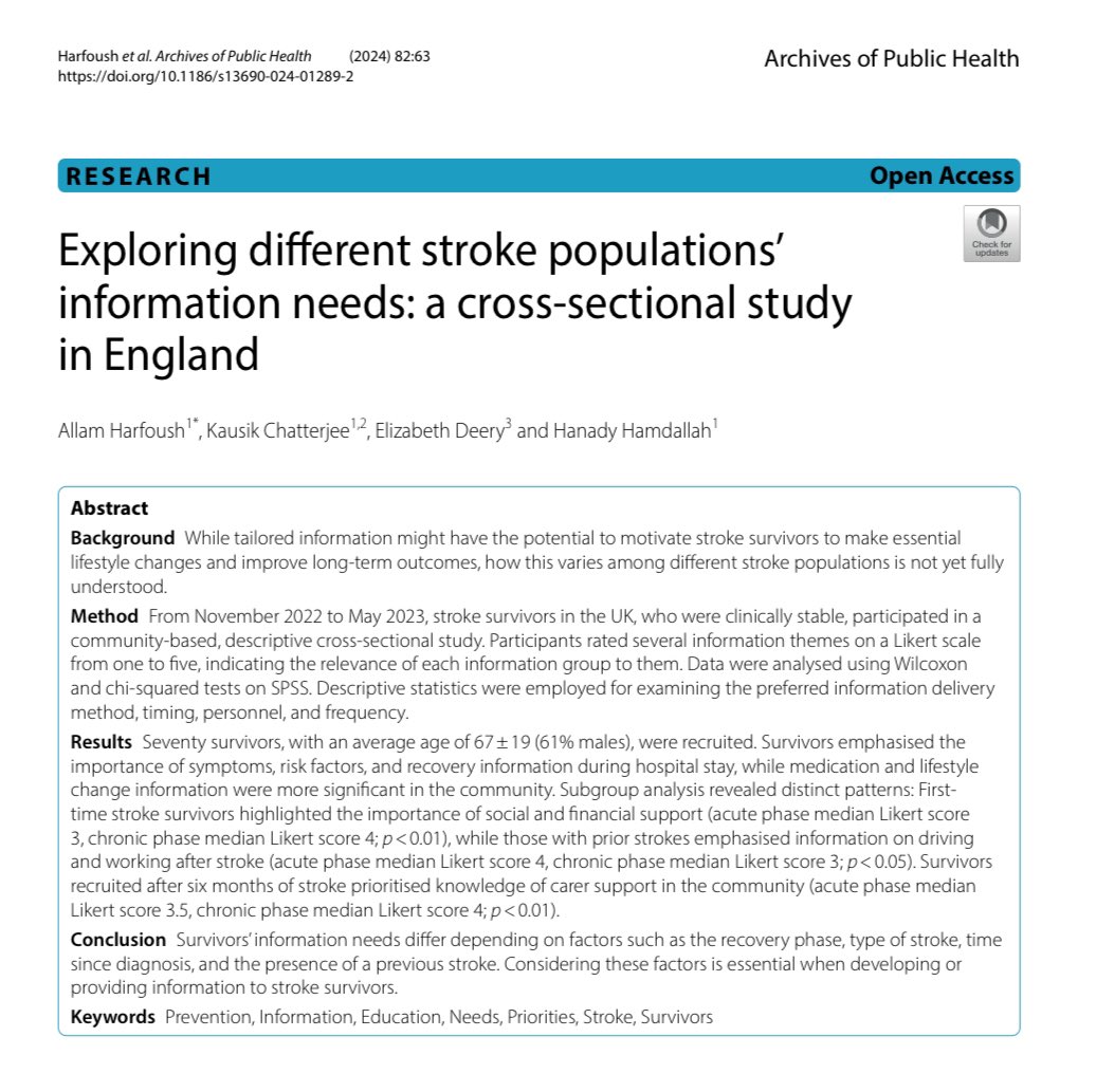 🚨 NEW PUBLICATION 🚨 Great job Dr @Lizzy_Deery & collaborators on this recent publication exploring different #stroke populations’ information needs in England 👏👏 #StrokeAwarenessMonth 👉 archpublichealth.biomedcentral.com/articles/10.11…