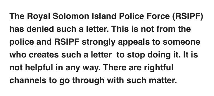 A few people (very reasonably) asking about letter which has been circulating, claiming to be from disaffected Solomon Islands police, alleging China has illegally and secretly brought additional police officers into country. In brief: it’s murky. RSIPF says letter is a fake