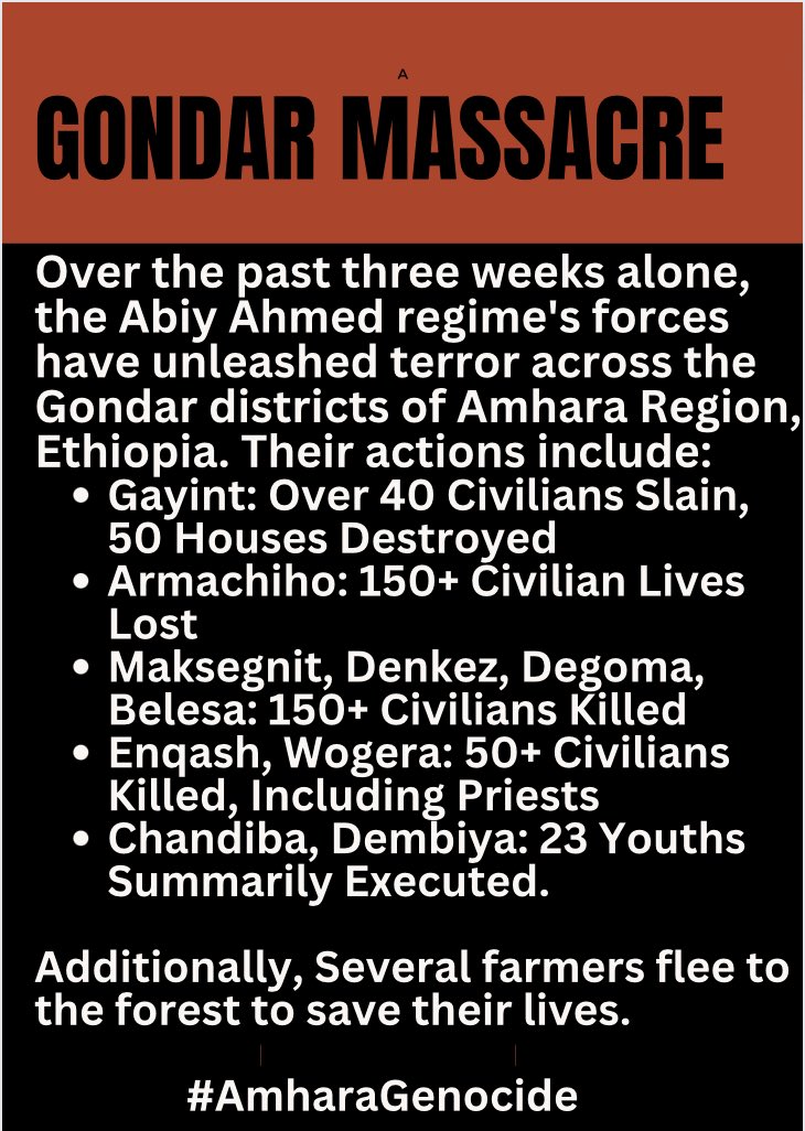 Nobel Peace Prize laureate Abiy Ahmed Ali Oromo ethnic massacred the innocents of Gondar Amhara ppl who were celebrating Easter.

#GonderMassacre #AmharaGenocide @NobelPrize @UNHumanRights @amnesty @hrw @eu_echo
