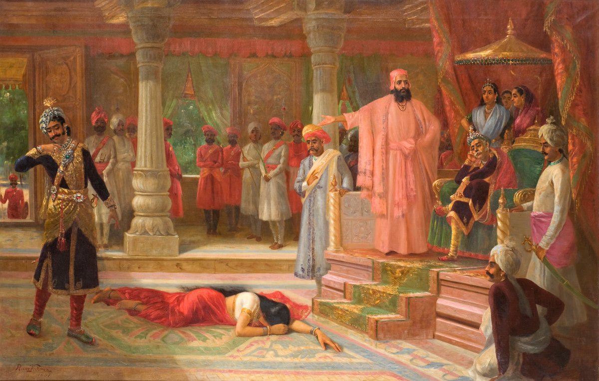 Draupadi at the Court of Virat Raja Ravi Varma 1897 This was the first picture Raja Ravi Varma was commissioned to be painted for the Picture Gallery at Trivandrum. © The Ganesh Shivaswamy Foundation #Mahabharat