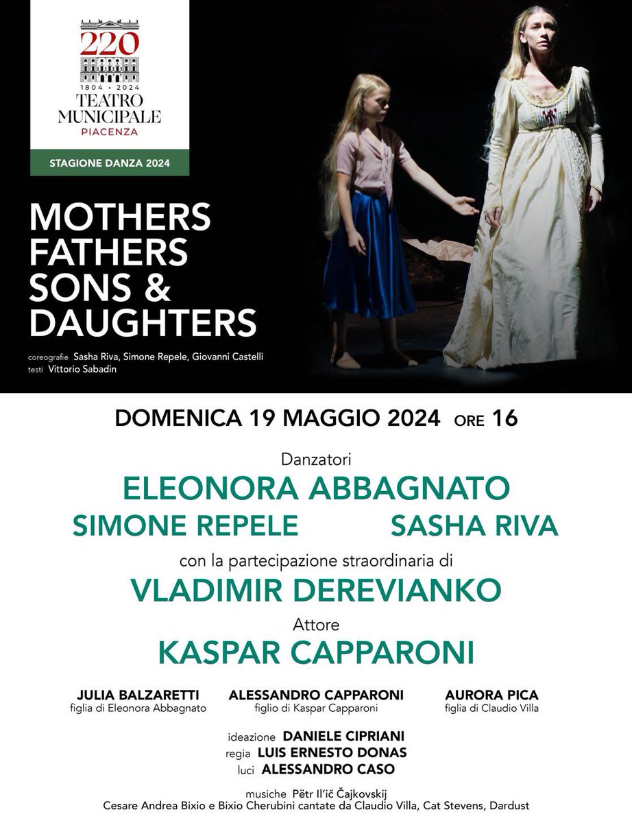 ✨Domenica 19 maggio, per la Stagione Danza, il ritorno di Eleonora Abbagnato, con la partecipazione straordinaria di Vladimir Derevianko e l’attore Kaspar Capparoni, in uno spettacolo dedicato a tutte le madri, ai padri, alle figlie e ai figli.
👉teatripiacenza.it/event/mothers-…
