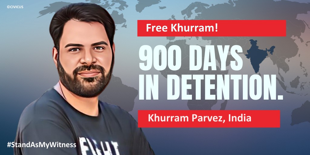 🇮🇳#India: Human rights defender Khurram Parvez has now spent 900 days in detention on fabricated charges for his work in Kashmir. We urge the government to #FreeKhurramParvez immediately and end reprisals against #humanrights defenders. #StandAsMyWitness