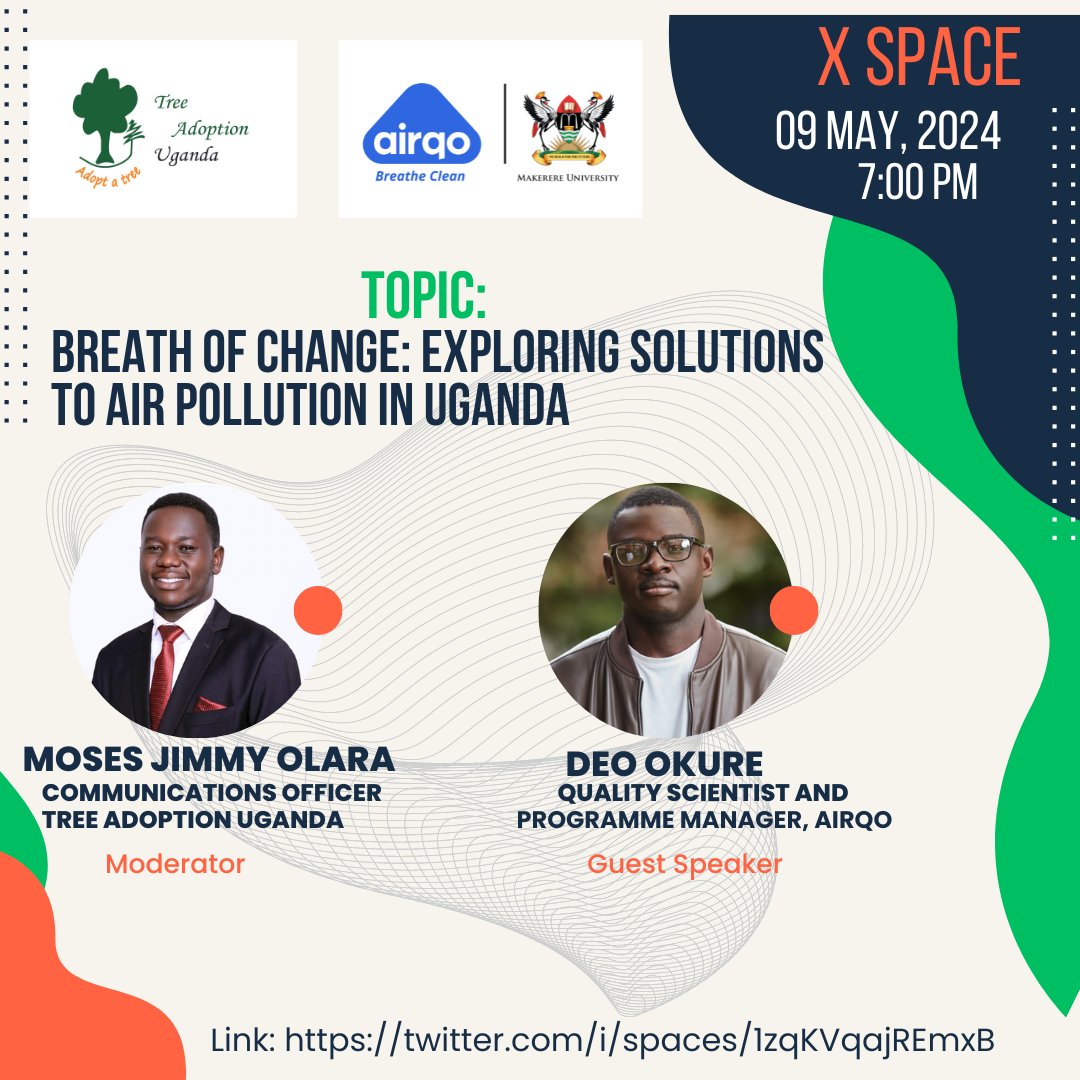 As part of the activities to mark the #AirQualityWeek2024, @tree_adoptionug will be hosting an expert from @AirQoProject in an X Space at 7 pm to discuss how air pollution can be mitigated in Uganda. Join the conversation using this link: x.com/i/spaces/1zqkv…