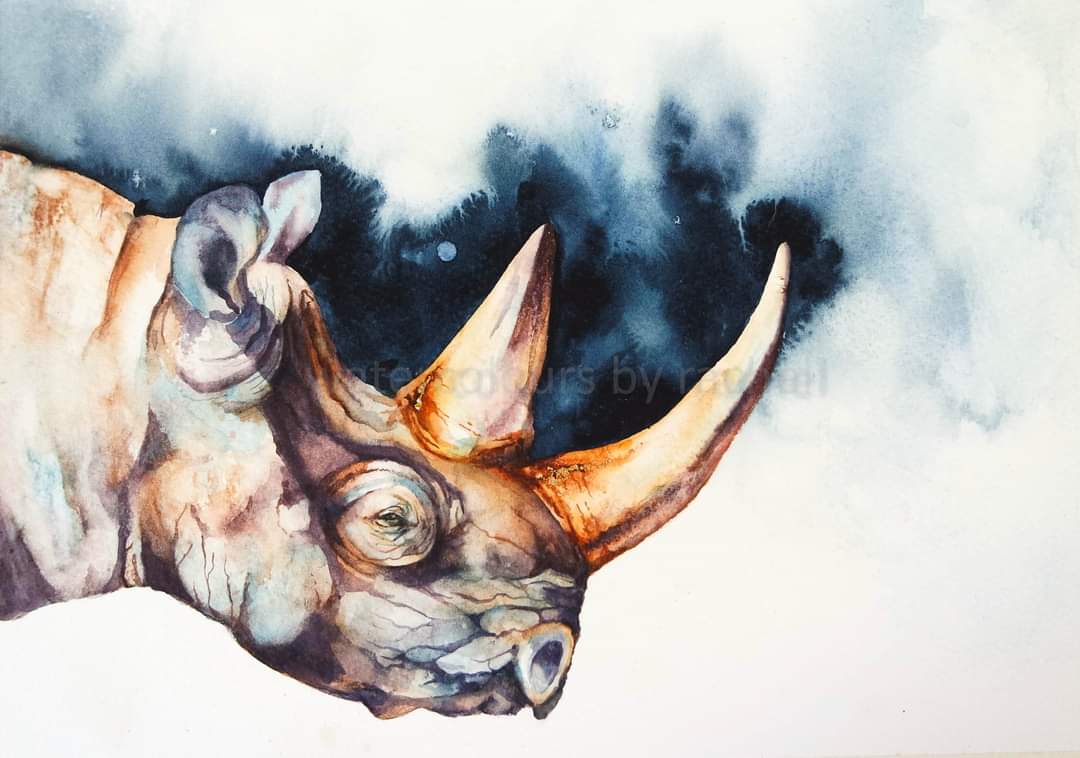 I'm horny.... 🎶 Happy Thursday #Watercolour #watercolourpainting #rhino #horns #painting #wildlife #wildlifeartist #animalportrait #indigo #inspiration #rhinohorn #painting #art #Africa #paint #artist