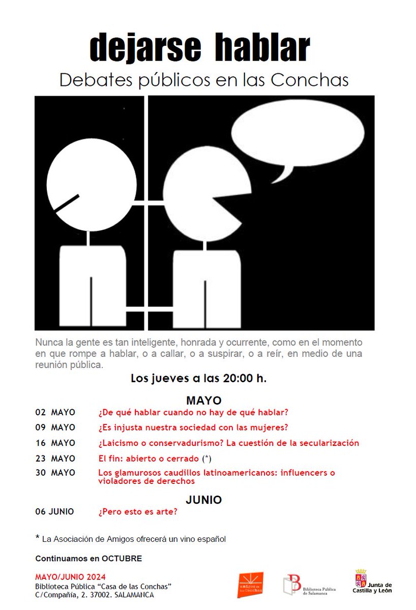 Hoy en los #DebatesdelasConchas #Dejarsehablar, Marcos Román presenta y coordina el titulado: '¿Es injusta nuestra sociedad con las mujeres?'. Ya sabéis, si tenéis algo que decir y algo que escuchar, esta es vuestra cita. 20 h.Salón de Actos.Entrada libre bit.ly/3BCsqqv