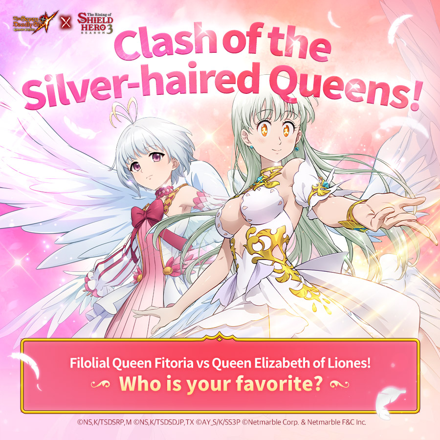 💖 Clash of the Silver-Haired Queens! 💖 Wings, queens, and... silver hair ❗ Let us know who is your favorite queen! 🎀 A. Filolial Queen Fitoria B. Queen Elizabeth of Liones #TheSevenDeadlySins #7DS