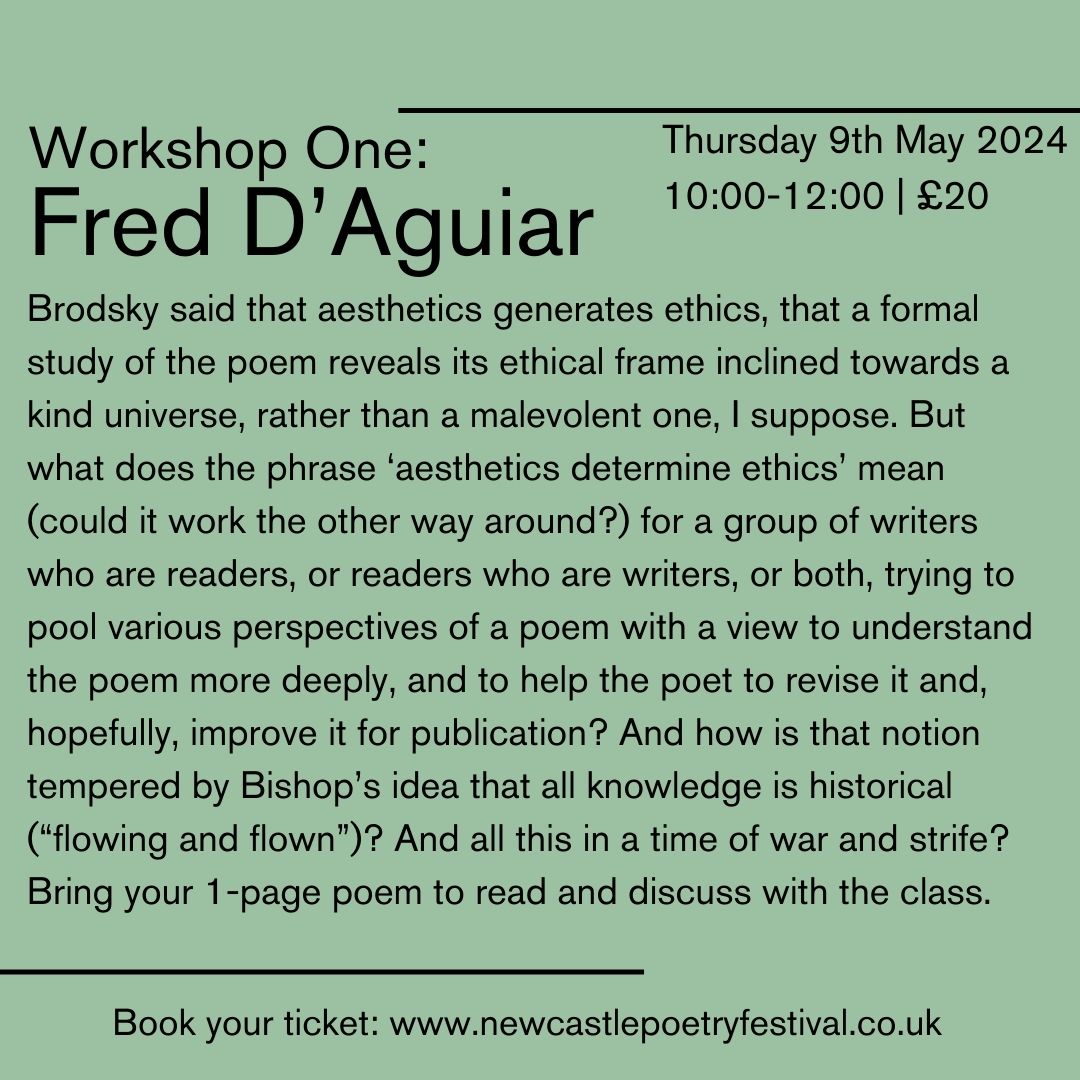 First day of Newcastle Poetry Festival 2024! #NPF24 newcastlepoetryfestival.co.uk Everything going on today, Thursday 9th 🧵 10-12 Workshop Fred D’Aguiar’s ‘Poetry and Aesthetics’ webstore.ncl.ac.uk/short-courses/…