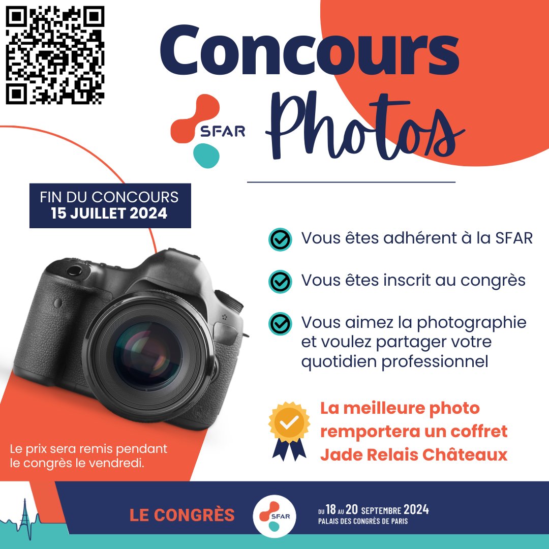 📸 Participez au concours photo du congrès SFAR 2024 ! Anesthésistes-réanimateurs, mettez en lumière le quotidien de notre profession tout en valorisant votre talent artistique 🤩 Participation et plus d'infos ➡️ inscriptions.sfar.org/sfar-2024-conc… @AJARFrance @SFARJeunes @SNJeunesAR