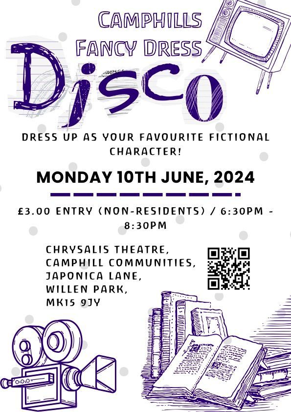 Join us for our Fancy Dress Character Disco on 10th June 2024!
Fictional character fancy dress is encouraged & good times are guaranteed.
Where: @ChrysalisMK 
Time: 6:30-9pm
ENTRY: £3
Find out more - buff.ly/3y0KZYu

#CamphillMK #LearningDisabilities #Autism #WhatsOnMK