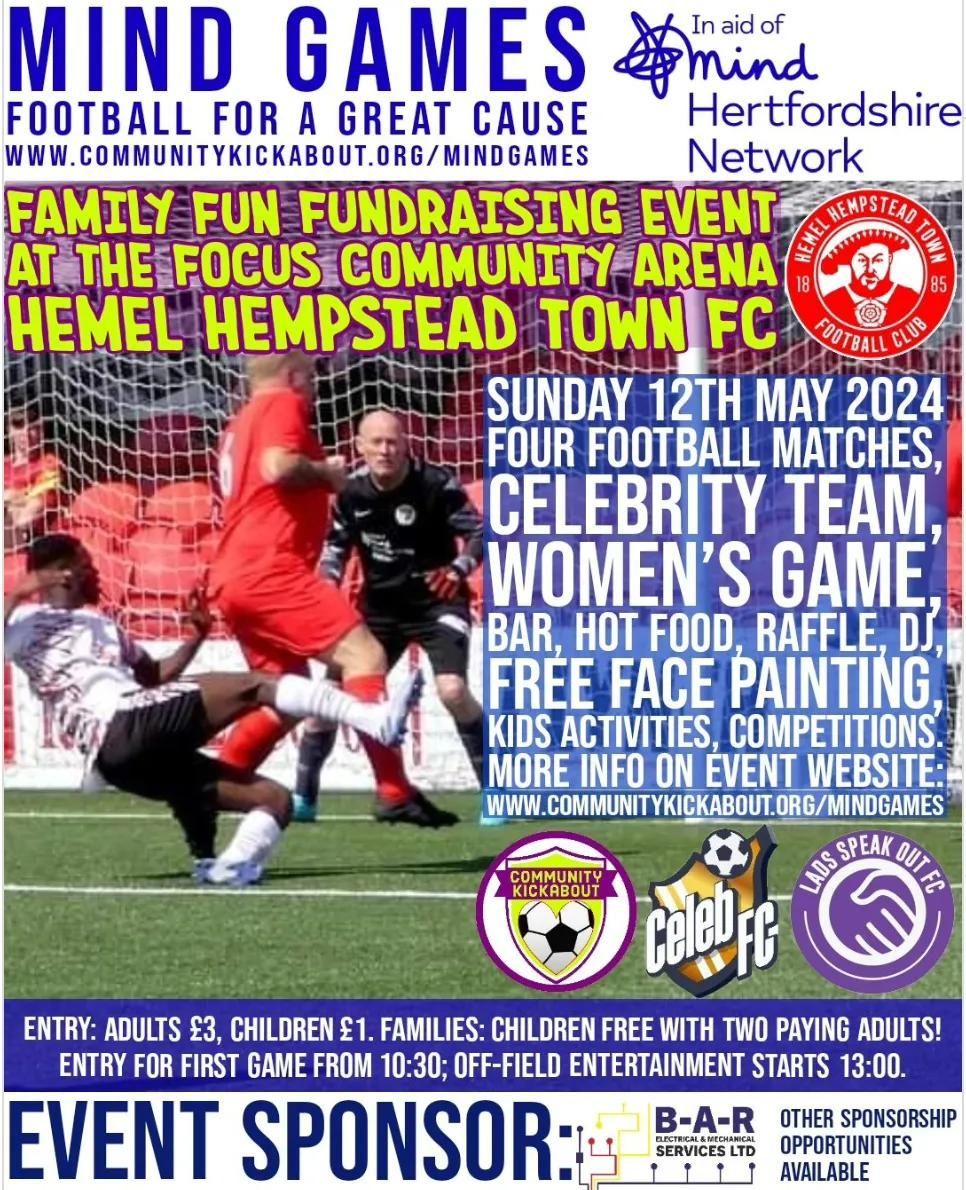 We're very excited for the 'Mind Games' event hosted by <a href="/CKickabout/">Community Kickabout</a> this Sunday ⚽ 

Come on down if you fancy a fun day out! Taking place at <a href="/hemelfc/">Hemel Hempstead Town FC</a> - there will be hot food, a raffle, music, face painting and more! 😀

Thank you so much again to everyone involved ❤️