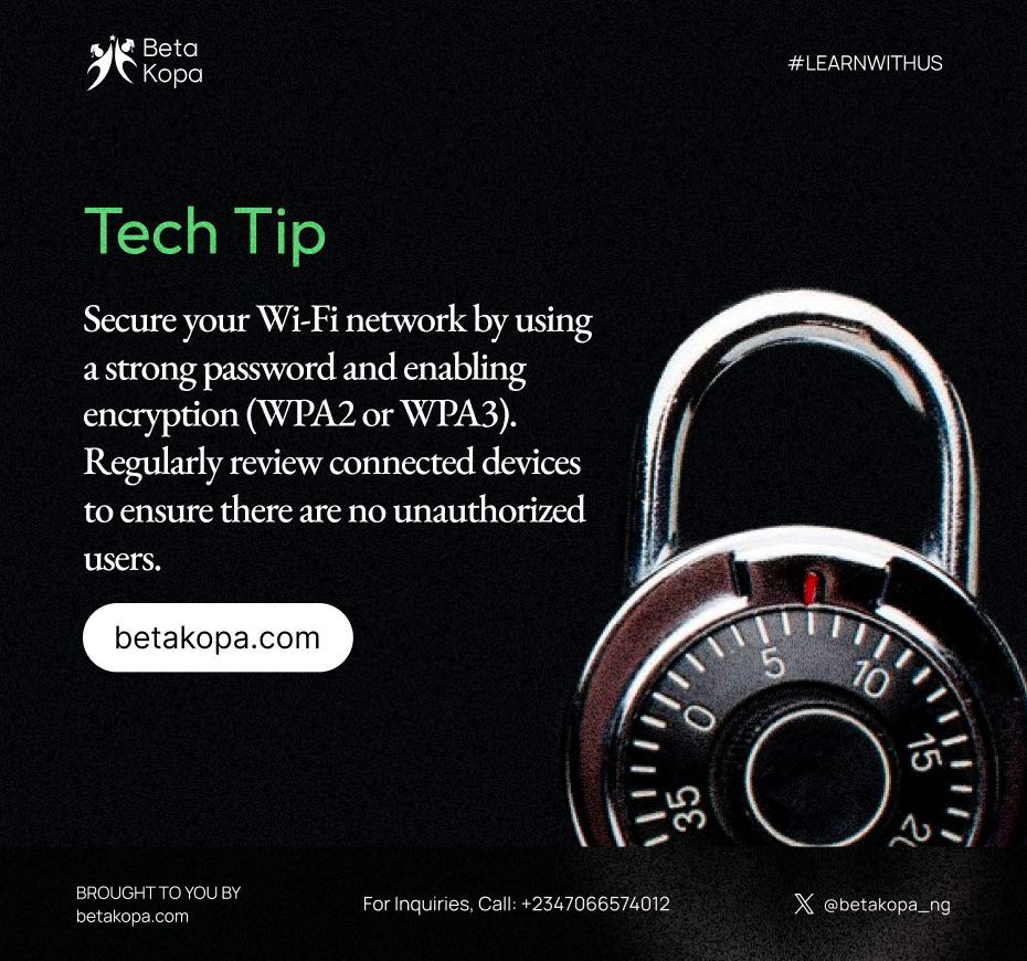 Keep your Wi-Fi secure! Use a strong password and encryption like WPA2/WPA3. Stay vigilant with device reviews to prevent unauthorized access.

 #WiFiSecurity #betakopa #learnwithus