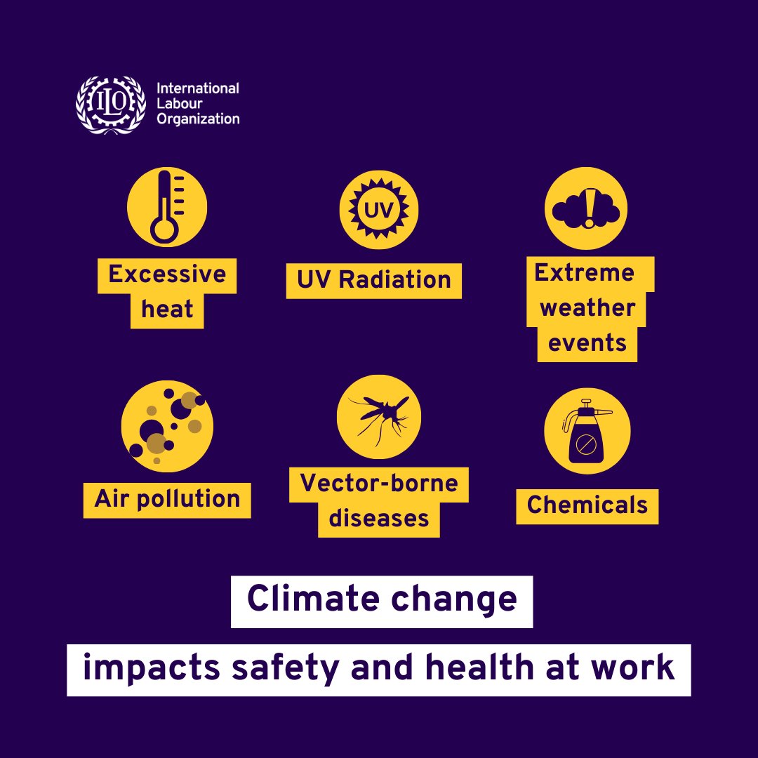 #ClimateChange impacts safety & health at work: 🌡️Excessive heat ☀️Ultraviolet radiation 😷Air pollution 🌪️Extreme weather event 🦟Vector-borne diseases 🧪Agrochemicals Find out how: ow.ly/kbbu50Rm43u