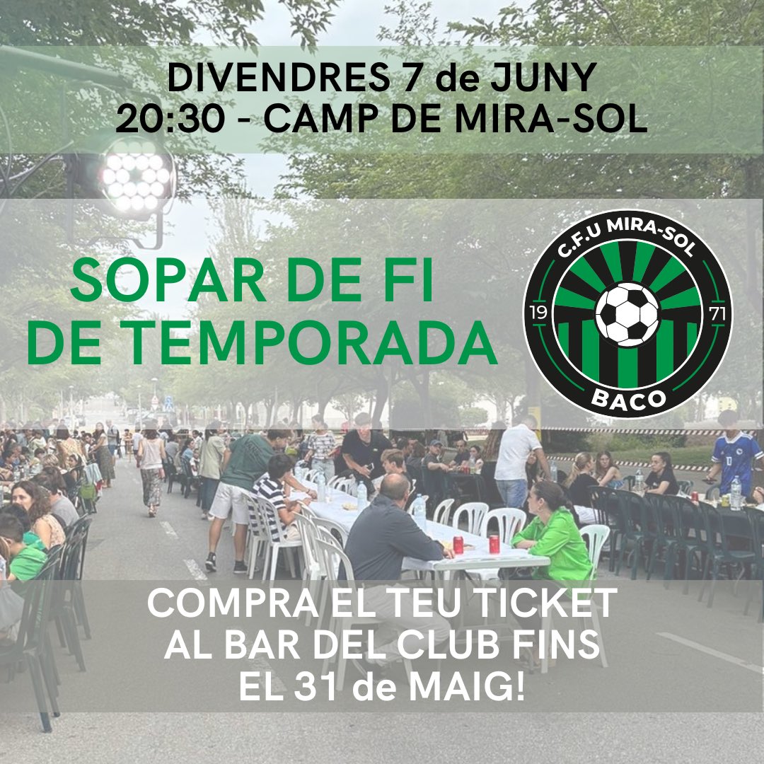 🟢⚫️ SOPAR DE FI DE TEMPORADA ⏬️

Ja pots comprar el teu ticket!

#SantCugat #Mirasol #Futbol #VamosMirasol #FemMirasol