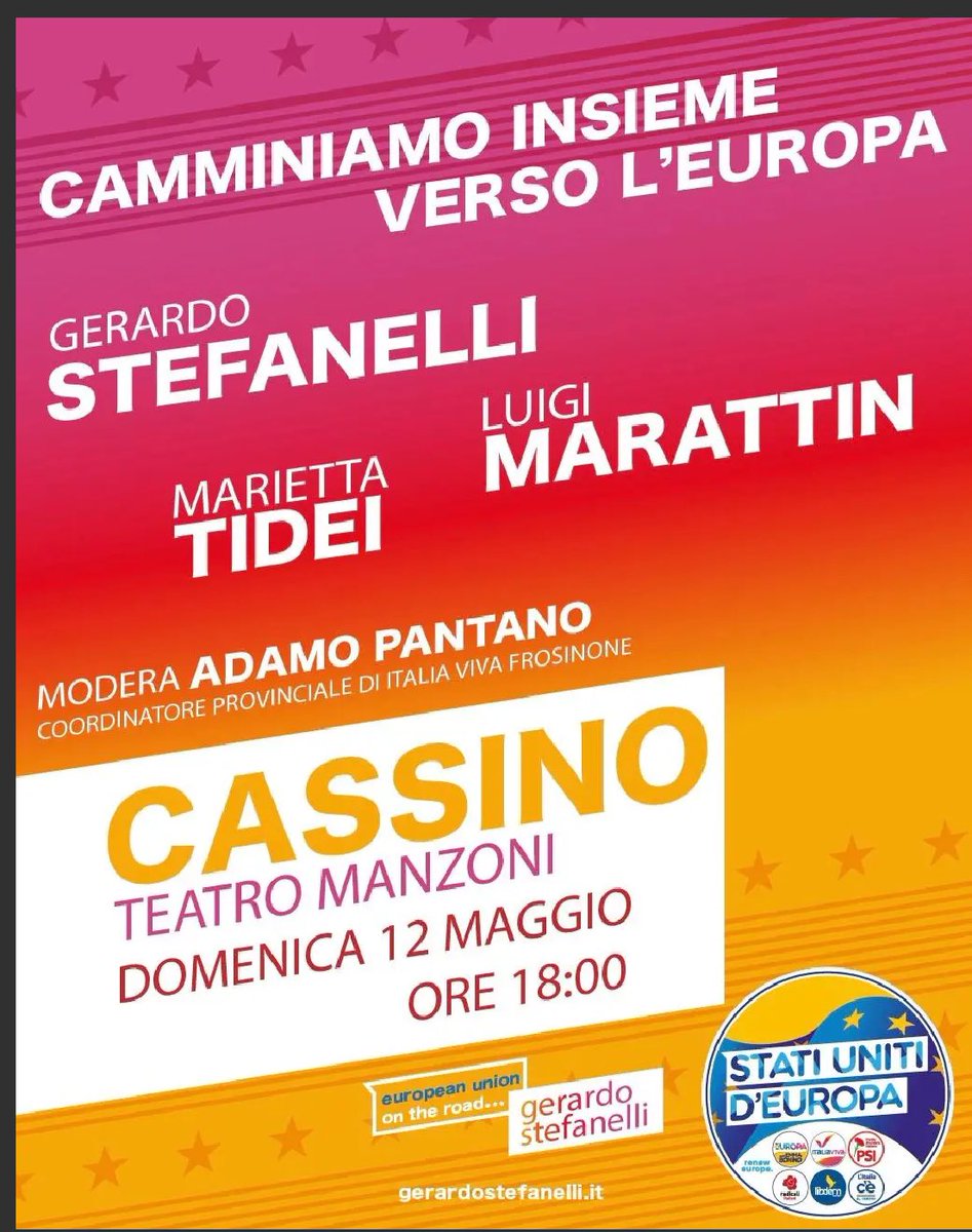 Domenica alle 18 vado a Cassino a sostenere la candidatura al Parlamento Europeo - nella lista #StatiUnitidEuropa - di @Mariettatidei e @gerstefanelli. Cercheremo anche di spiegare che cosa, in concreto, significa Stati Uniti d’Europa: quali proposte, quali politiche, quali…