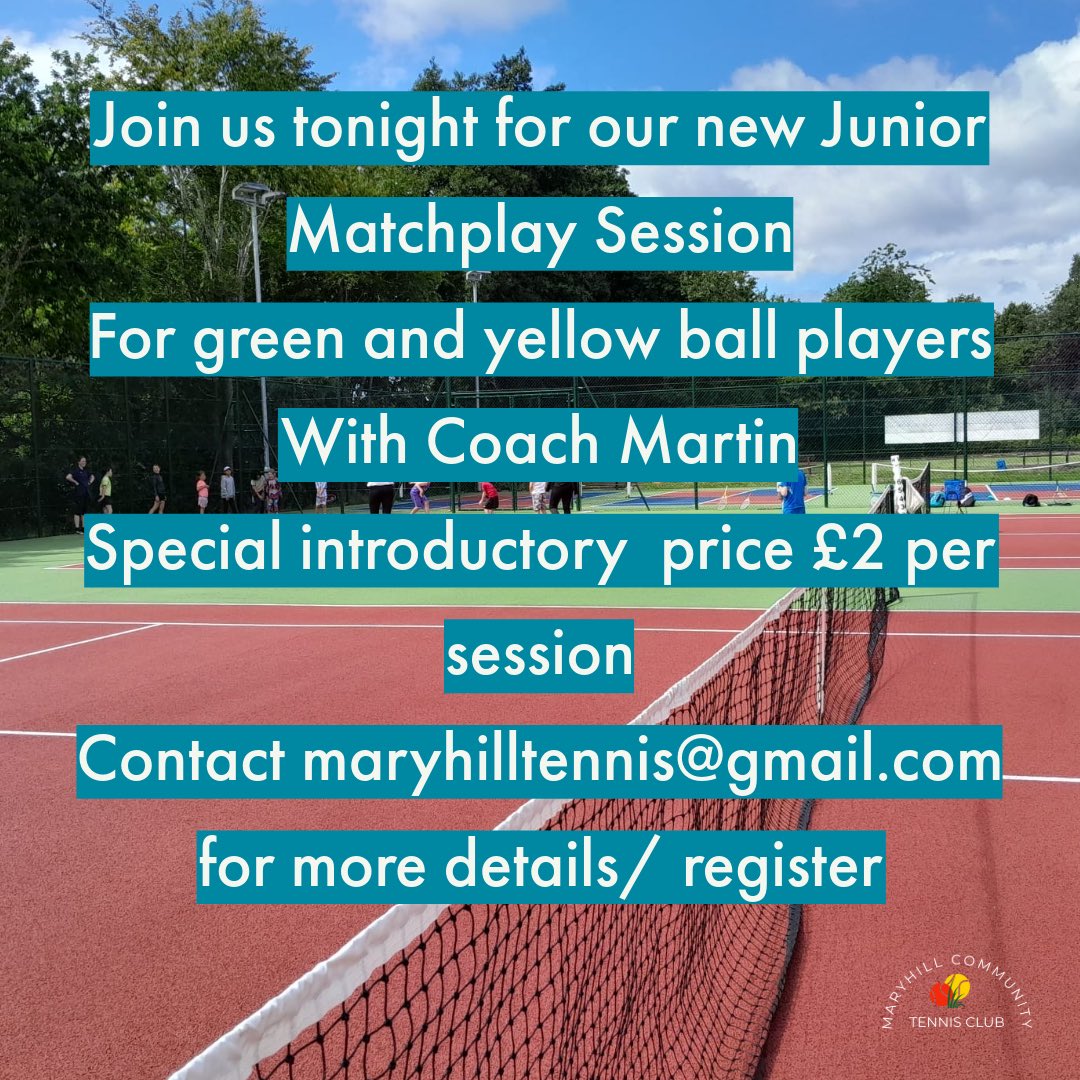 Join us tonight for our new junior matchplay session! 

🎾 Thursdays 5pm - 6.30pm

🎾 For green and yellow ball players

🎾 With Coach Martin

Special introductory price £2 per session

Contact maryhilltennis@gmail.com to register

#teammctc
#maryhilltennis
#growingthegame