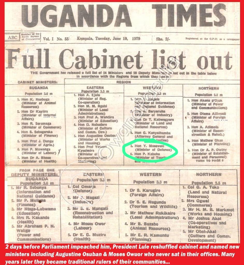 Borrowed. This 1979 Uganda Times (fore runner of The New Vision) shows the cabinet list with interesting and some familiar names. Notice the size of the cabinet, regional balance for ministers and deputy ministers by region. Contrast with ambiguity, confusion and mess today.