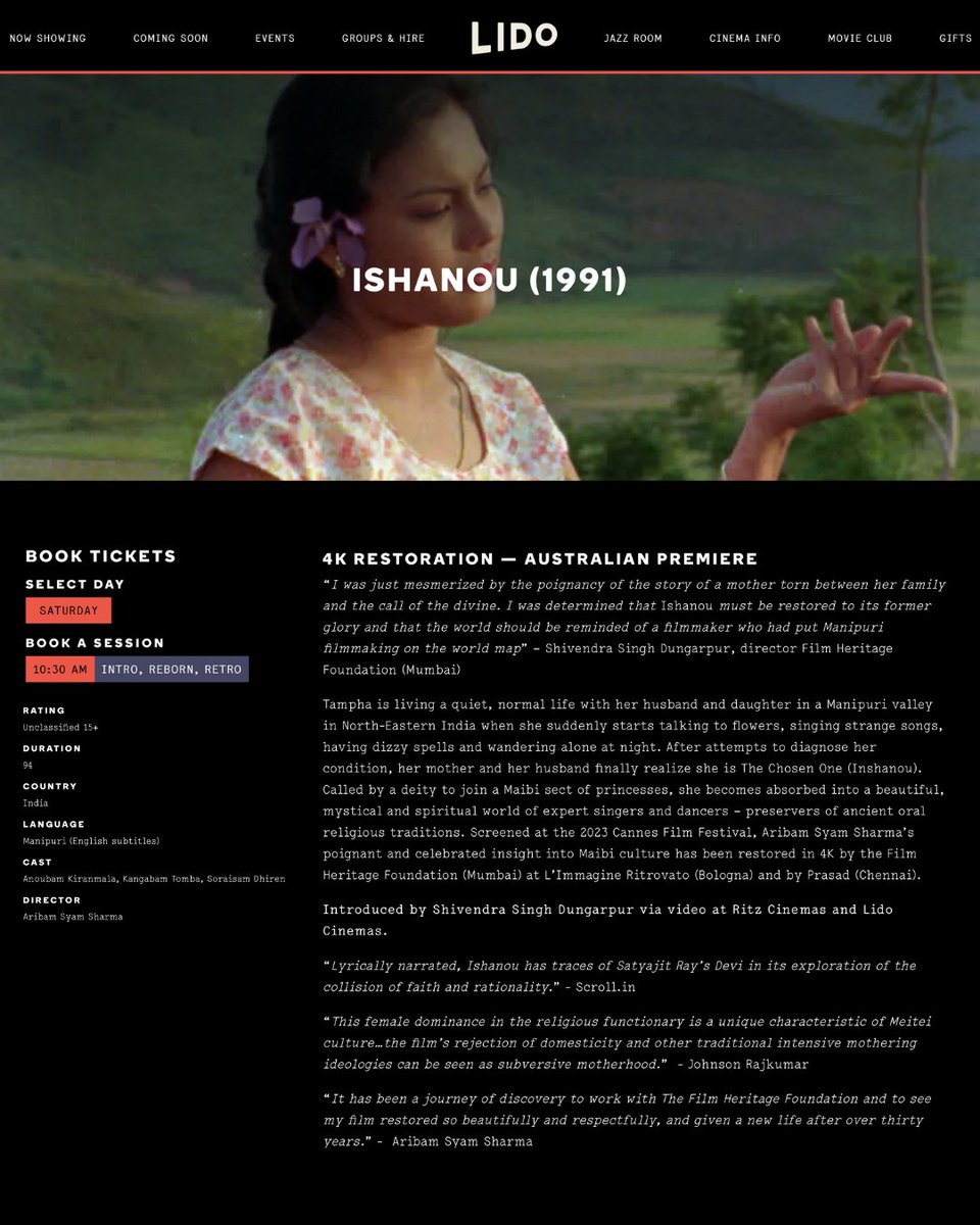 FHF’s 4K restoration of Aribam Syam Sharma’s Manipuri Film ‘Ishanou’ (1990) in association with the Manipur State Film Development Society will be screening at the @CinemaReborn on May 11, 2024 at Lido Cinemas in Melbourne. lidocinemas.com.au/movies/ishanou…