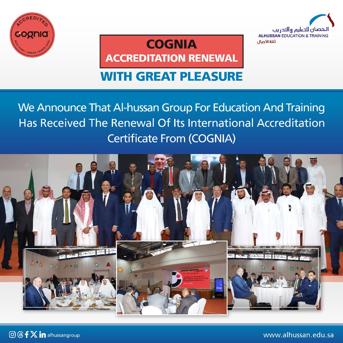 Cognia Accreditation Renewal
With great pleasure, we announce that Al-Hussan Group for Education and Training has received the renewal of its international accreditation certificate from Cognia following a review team's visit to assess the group's operations and performance.
Mr.