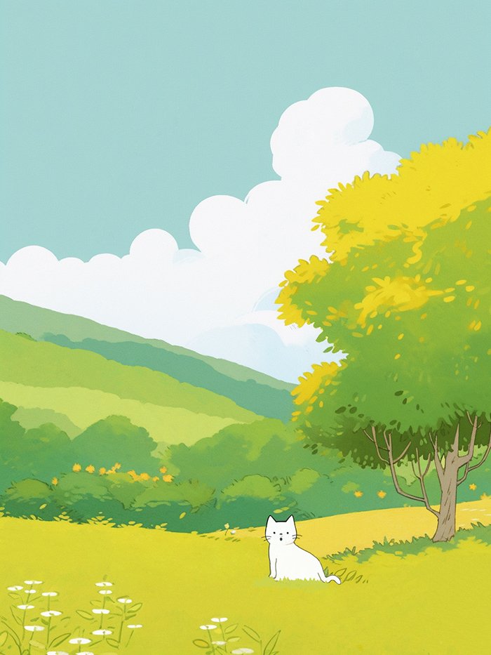 朝の光が来るたびに🌞
山も川も淡い黄金色に染まり、
猫はこの暖かい光の中で目覚めます🐱

この静かな山で🌳
緑の芝生の上を軽やかに歩き、
朝焼けの反射の下で🌈
よりまばらで美しく。