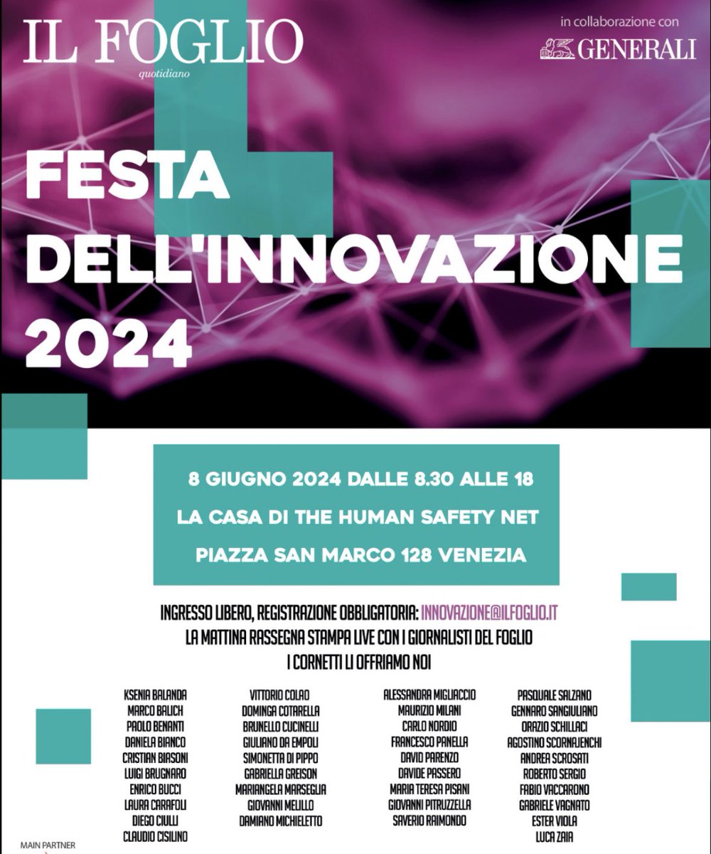 Venezia, 8 giugno, per iscriversi: innovazione@ilfoglio.it