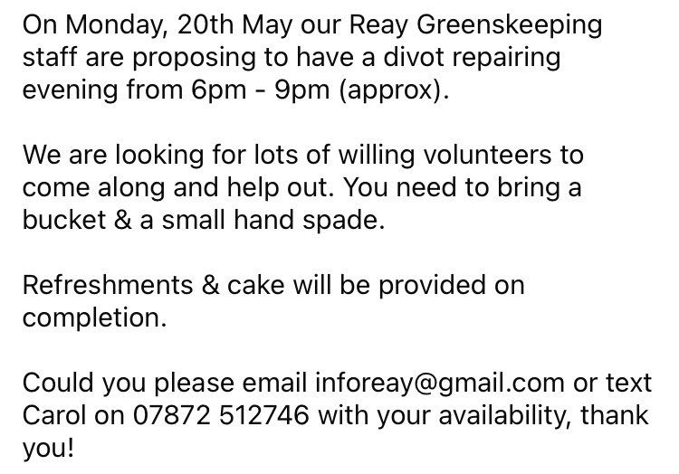 ⛳️Divot repair evening ⛳️ Monday 20th May, 6pm - 9pm See further details below ⬇️