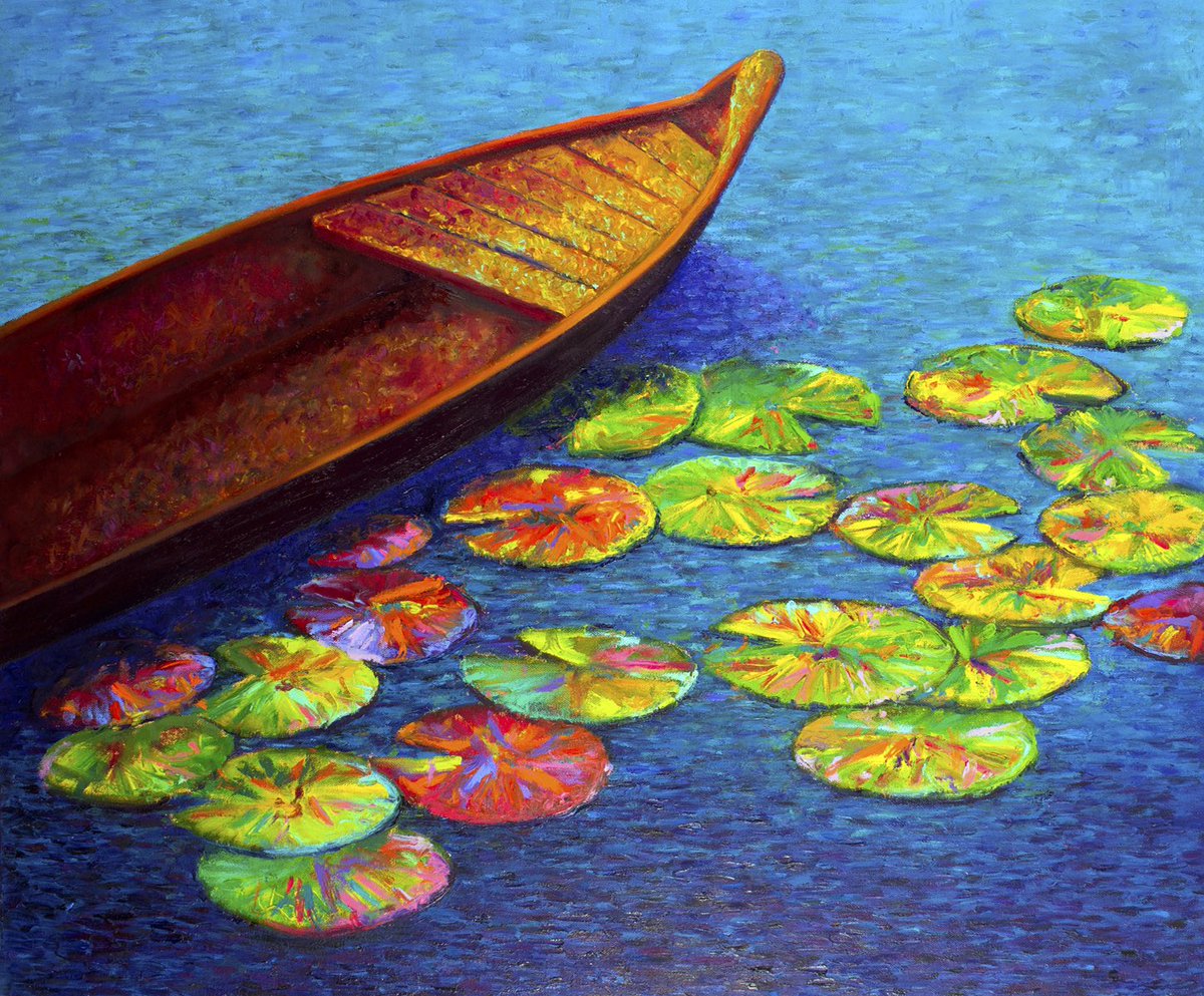 Escape into this dreamy lake scene where a solitary boat rests gently on the still waters surrounded by a profusion of vibrant water lilies 🪷

#vibrantartwork #fingerpainting #serenelake