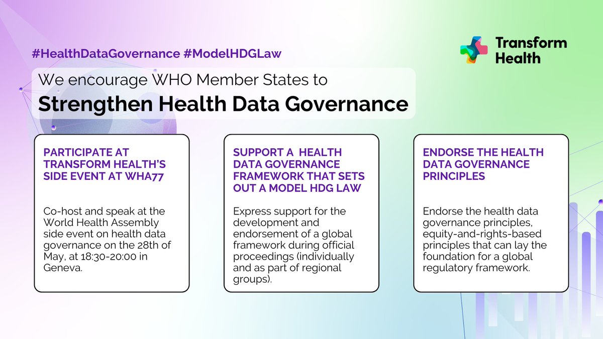 Government leadership on stronger #healthdatagovernance is now critical. We urge @WHO Member States to demonstrate support during #WHA77. Learn more about the #ModelHDGLaw: healthdataprinciples.org/modellaw #HealthForAll #DigitalHealth #UHC