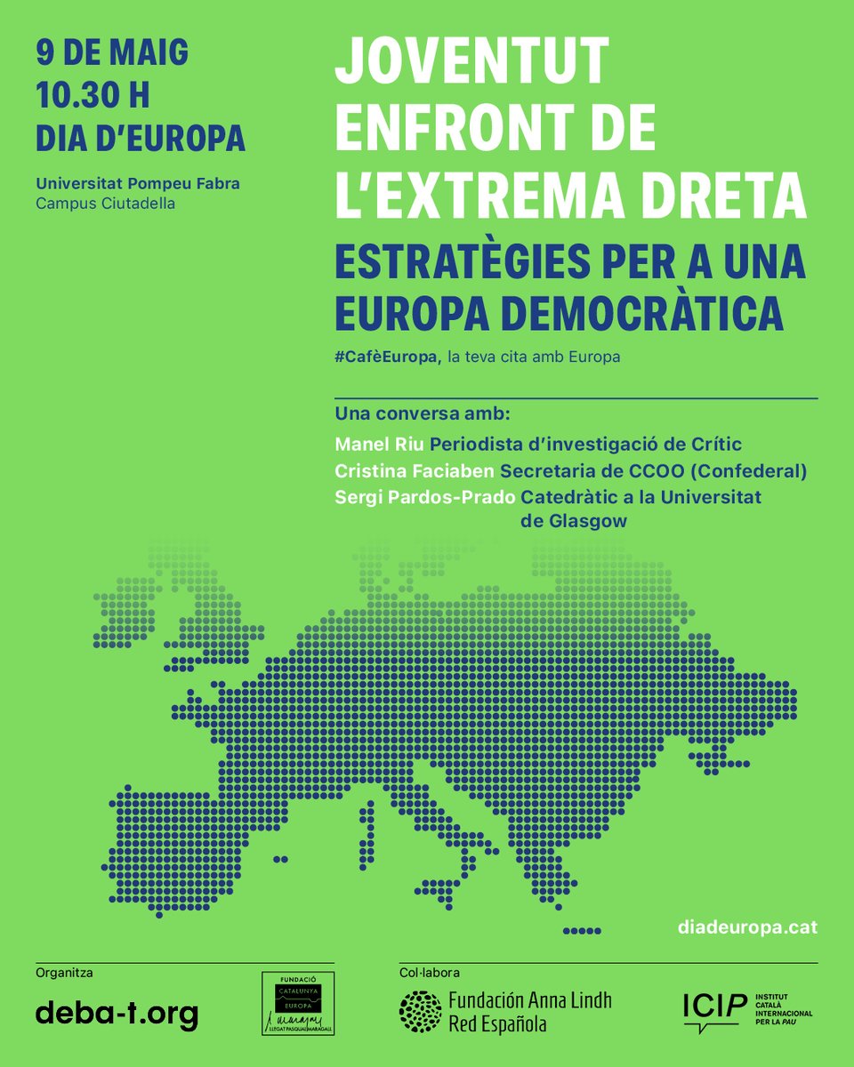 🇪🇺Bon #DiadEuropa! Avui, 9 de maig, commemorem l’inici del procés de construcció europea i els valors europeus de pau, benestar i prosperitat que ens han fet arribar fins avui. Per fer-ho, celebrem un Cafè Europa especial a la UPF i a YouTube amb @debat_org.